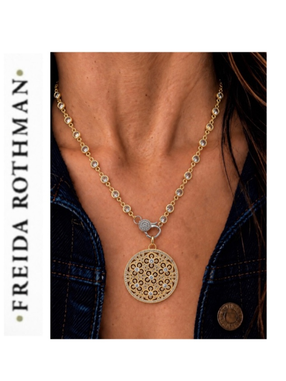 Freida Rothman Vault Pave Floral Filigree Medallion Pendant Lumi Bezel Chain